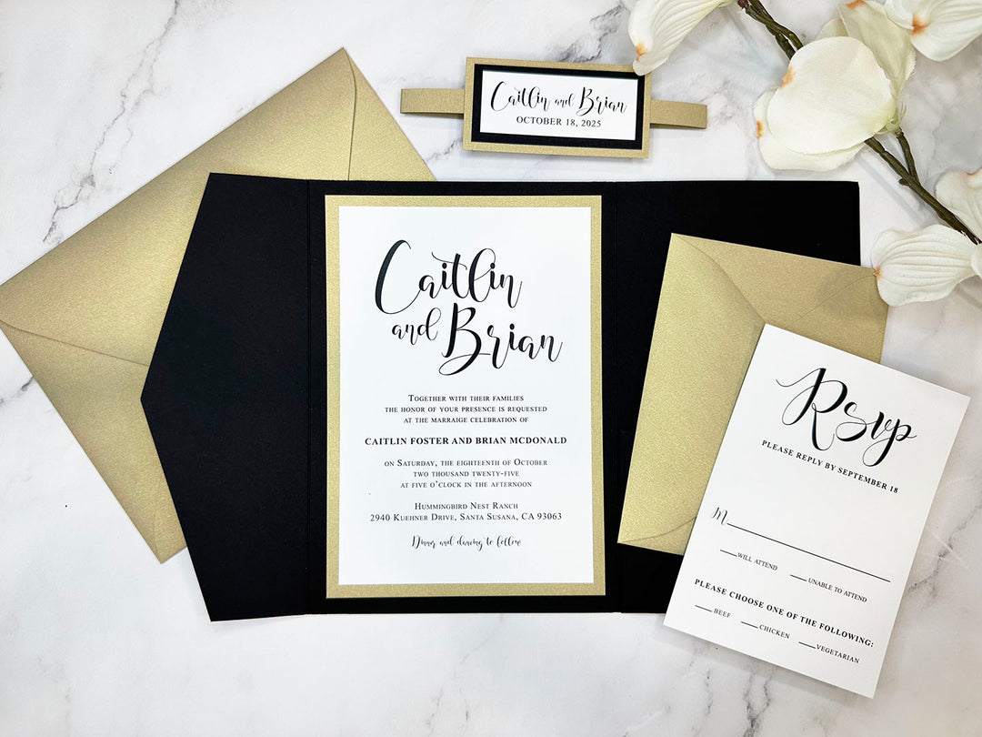 Annie - Premium Wedding Invitation Suite - Black Matte and Gold Shimmer