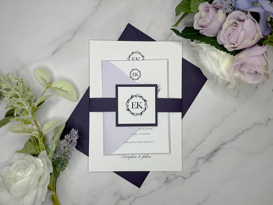 Audrey - Basic Wedding Invitation Suite - Eggplant Purple Matte and Light Lavender Shimmer