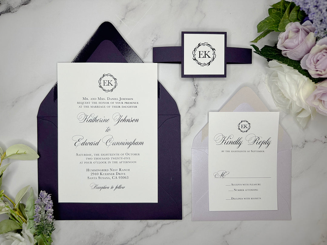 Audrey - Basic Wedding Invitation Suite - Eggplant Purple Matte and Light Lavender Shimmer