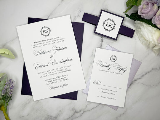 Audrey - Basic Wedding Invitation Suite - Eggplant Purple Matte and Light Lavender Shimmer