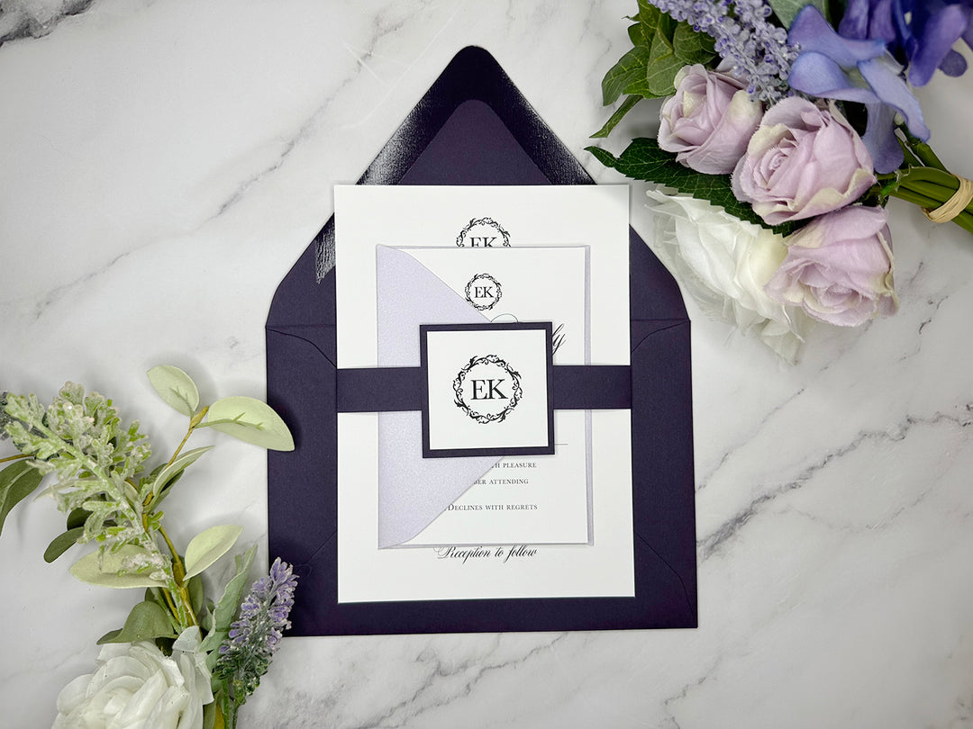 Audrey - Basic Wedding Invitation Suite - Eggplant Purple Matte and Light Lavender Shimmer