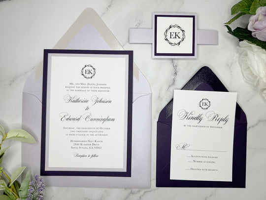 Audrey - Classic Wedding Invitation Suite - Eggplant Purple Matte and Light Lavender Shimmer