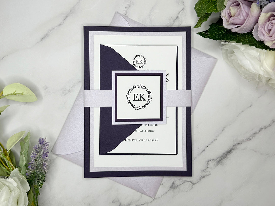 Audrey - Classic Wedding Invitation Suite - Eggplant Purple Matte and Light Lavender Shimmer