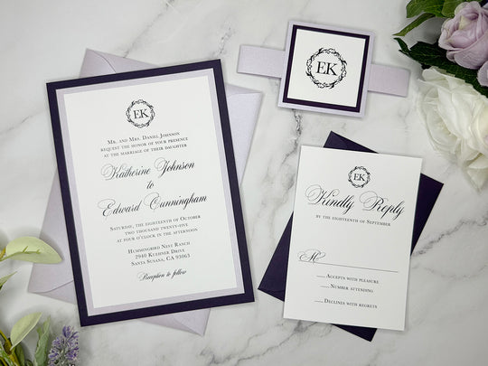 Audrey - Classic Wedding Invitation Suite - Eggplant Purple Matte and Light Lavender Shimmer