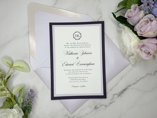 Audrey - Classic Wedding Invitation Suite - Eggplant Purple Matte and Light Lavender Shimmer