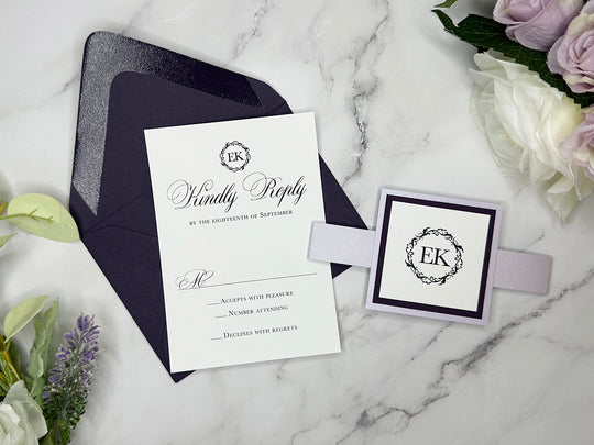 Audrey - Classic Wedding Invitation Suite - Eggplant Purple Matte and Light Lavender Shimmer