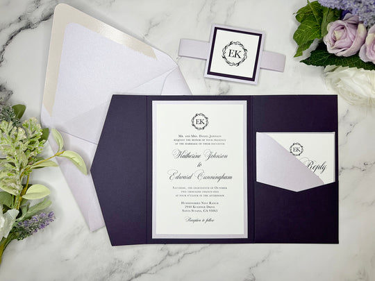 Audrey - Premium Wedding Invitation Suite - Eggplant Purple Matte and Light Lavender Shimmer