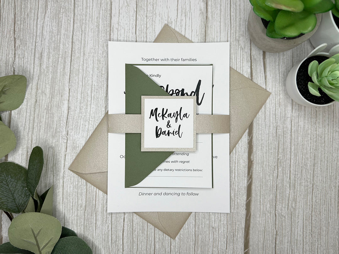 Brittney - Basic Wedding Invitation Suite - Beige Sand Shimmer and Dusty Sage Green Matte