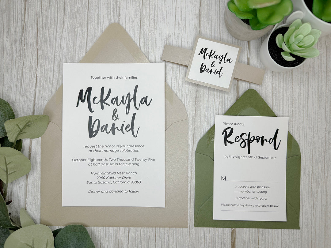 Brittney - Basic Wedding Invitation Suite - Beige Sand Shimmer and Dusty Sage Green Matte