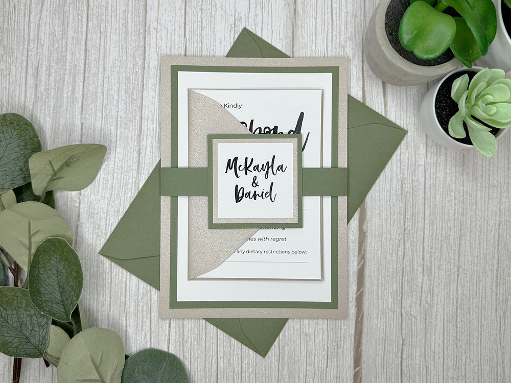 Brittney - Classic Wedding Invitation Suite - Beige Sand Shimmer and Dusty Sage Green Matte