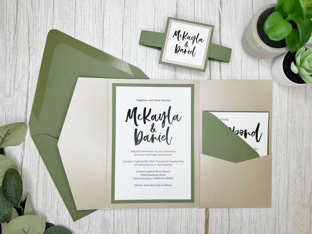 Brittney - Premium Wedding Invitation Suite - Beige Sand Shimmer and Dusty Sage Green Matte