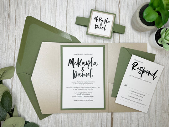 Brittney - Premium Wedding Invitation Suite - Beige Sand Shimmer and Dusty Sage Green Matte