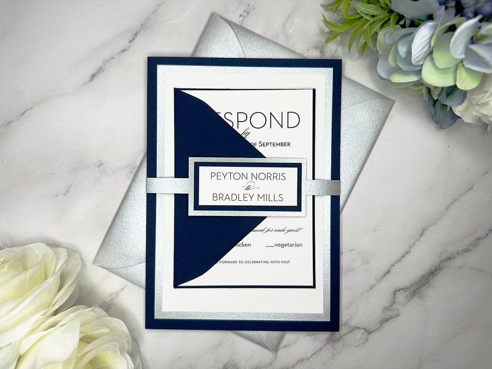 Hayden - Classic Wedding Invitation Suite - Navy Blue Matte and Silver Shimmer