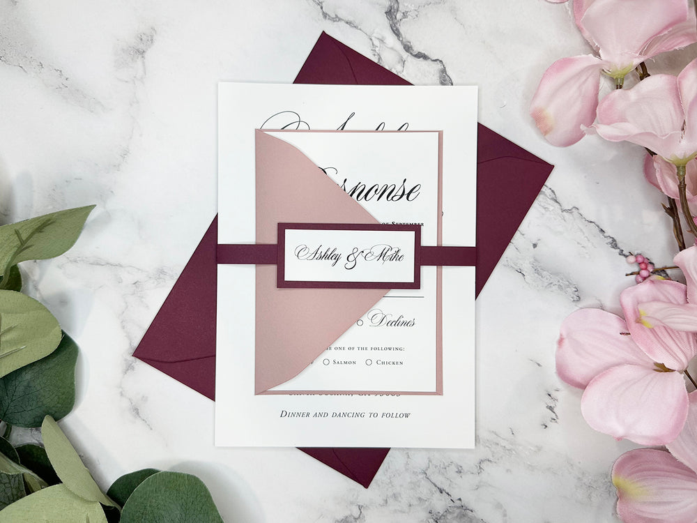 Kara - Basic Wedding Invitation Suite - Burgundy Matte and Dusty Rose Matte