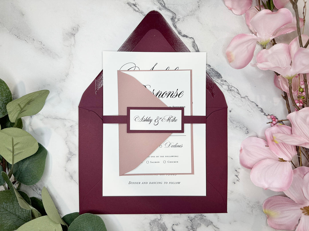 Kara - Basic Wedding Invitation Suite - Burgundy Matte and Dusty Rose Matte