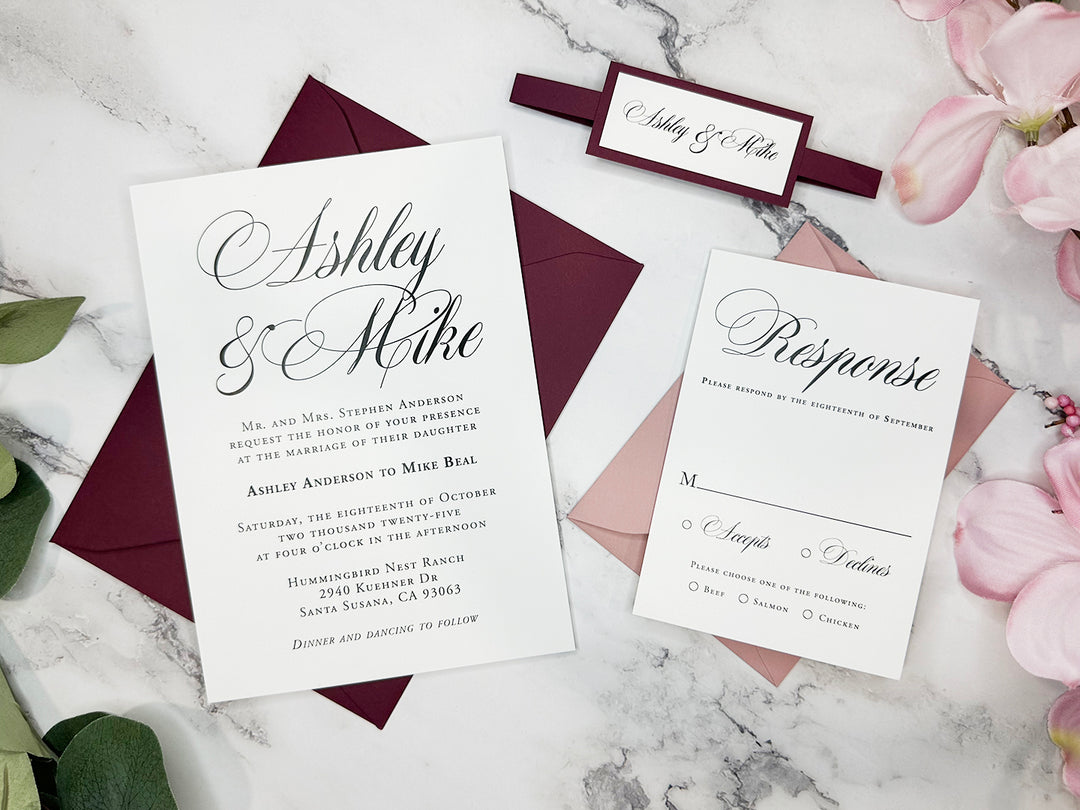 Kara - Basic Wedding Invitation Suite - Burgundy Matte and Dusty Rose Matte