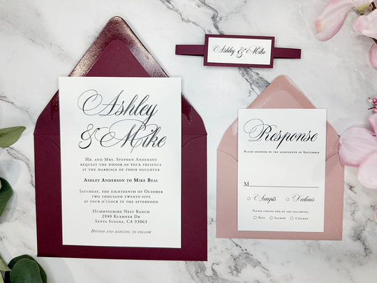 Kara - Basic Wedding Invitation Suite - Burgundy Matte and Dusty Rose Matte