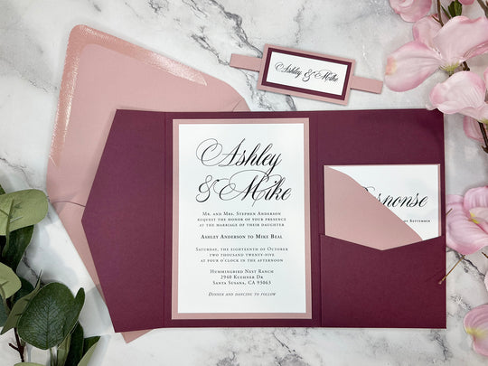 Kara - Premium Wedding Invitation Suite - Burgundy Matte and Dusty Rose Matte