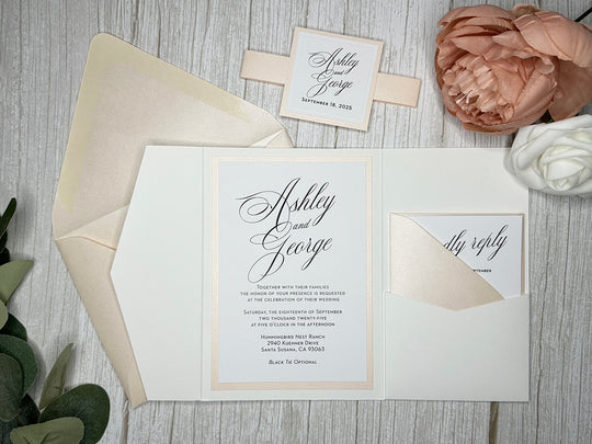 Kathy - Premium Wedding Invitation Suite - White Matte and Blush Peach Shimmer