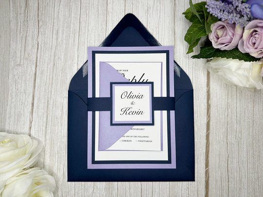 Keely - Classic Wedding Invitation Suite - Lavender Shimmer and Navy Blue Matte