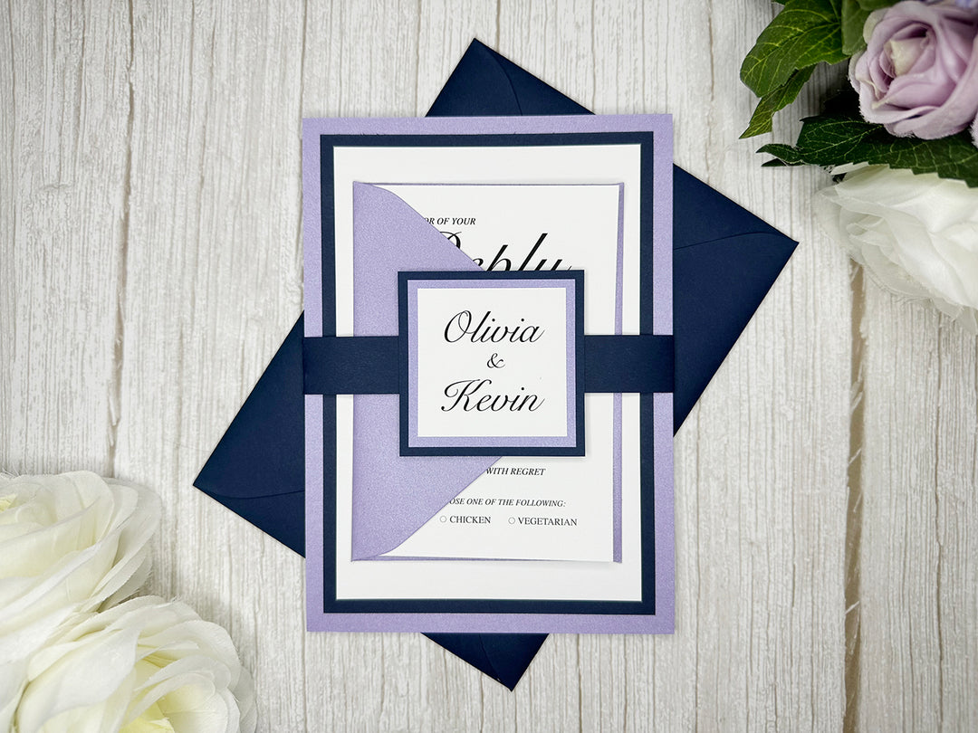 Keely - Classic Wedding Invitation Suite - Lavender Shimmer and Navy Blue Matte