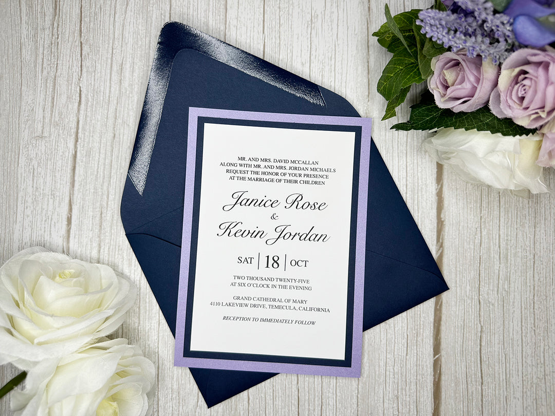 Keely - Classic Wedding Invitation Suite - Lavender Shimmer and Navy Blue Matte