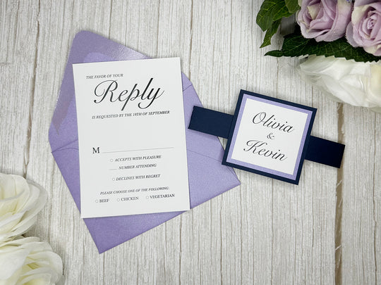 Keely - Classic Wedding Invitation Suite - Lavender Shimmer and Navy Blue Matte