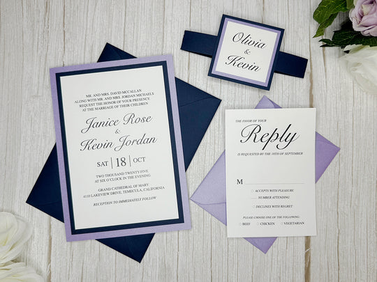 Keely - Classic Wedding Invitation Suite - Lavender Shimmer and Navy Blue Matte