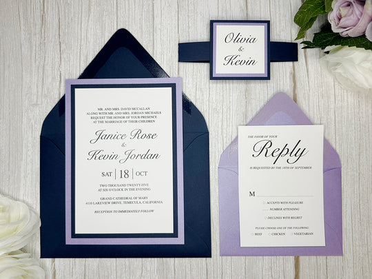 Keely - Classic Wedding Invitation Suite - Lavender Shimmer and Navy Blue Matte