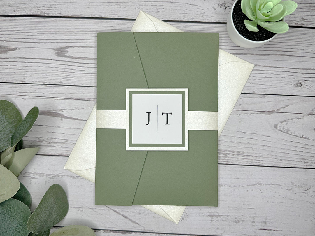 Margie - Premium Wedding Invitation Suite - Dusty Sage Green Matte and Champagne Shimmer