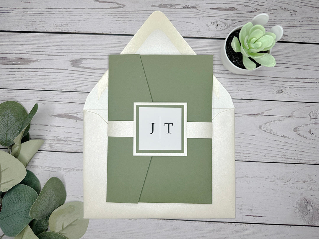 Margie - Premium Wedding Invitation Suite - Dusty Sage Green Matte and Champagne Shimmer