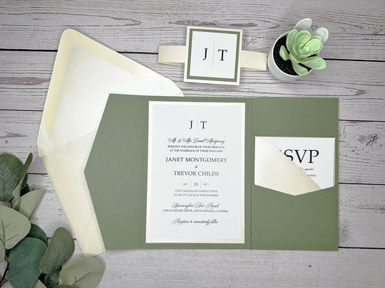 Margie - Premium Wedding Invitation Suite - Dusty Sage Green Matte and Champagne Shimmer