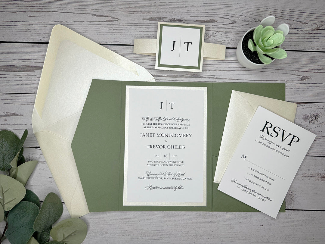 Margie - Premium Wedding Invitation Suite - Dusty Sage Green Matte and Champagne Shimmer