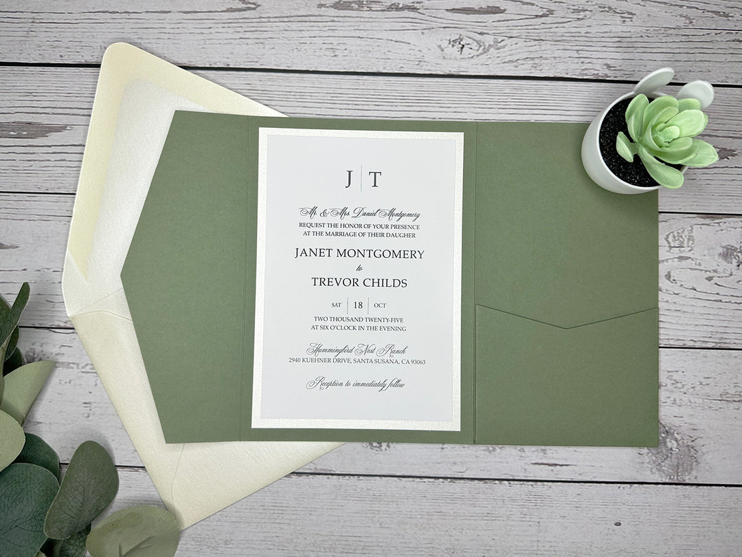 Margie - Premium Wedding Invitation Suite - Dusty Sage Green Matte and Champagne Shimmer