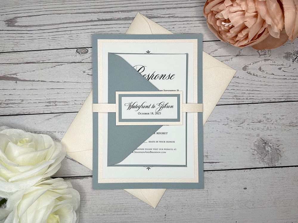 Niko - Classic Wedding Invitation Suite - Dusty Blue Matte and Blush Peach Shimmer