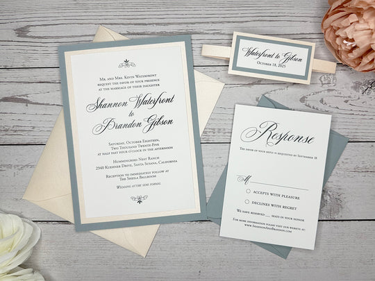 Niko - Classic Wedding Invitation Suite - Dusty Blue Matte and Blush Peach Shimmer