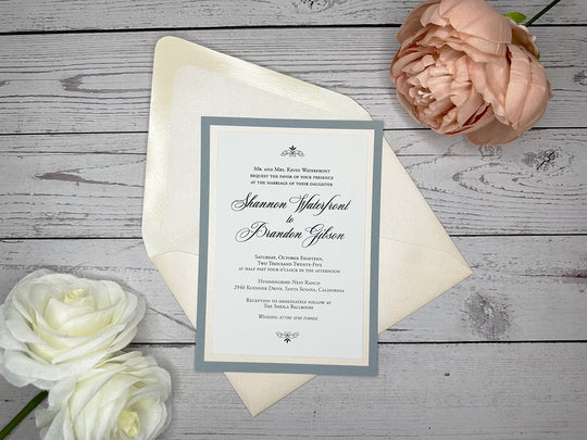 Niko - Classic Wedding Invitation Suite - Dusty Blue Matte and Blush Peach Shimmer