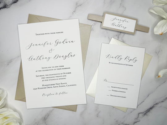 Parker - Basic Wedding Invitation Suite - Beige Sand Shimmer and Champagne Shimmer