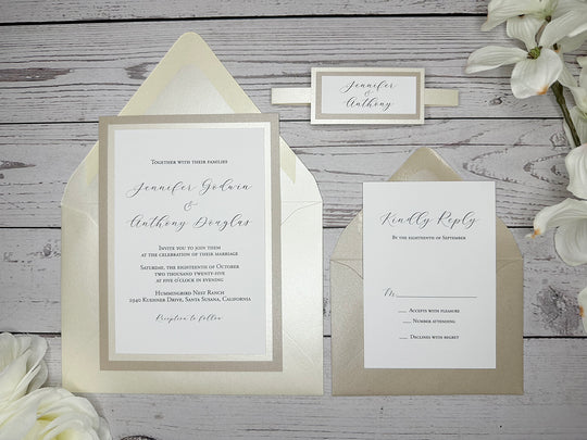 Parker - Classic Wedding Invitation Suite - Beige Sand Shimmer and Champagne Shimmer