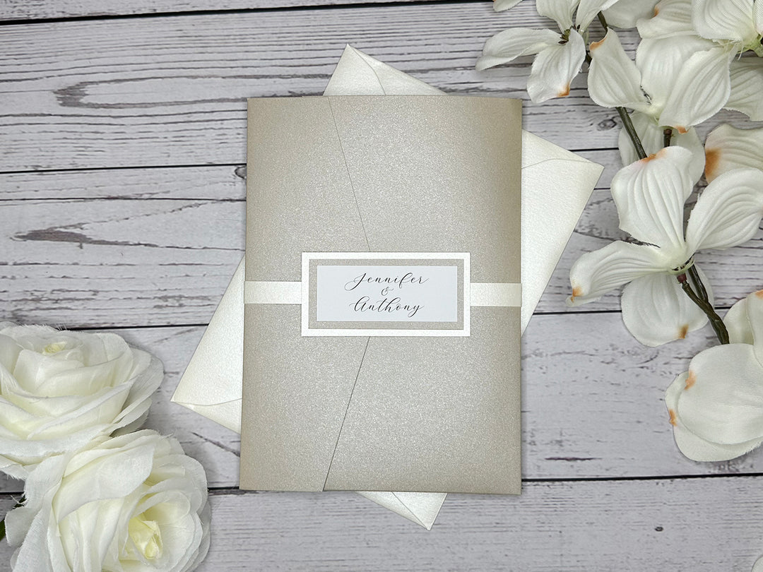 Parker - Premium Wedding Invitation Suite - Beige Sand Shimmer and Champagne Shimmer