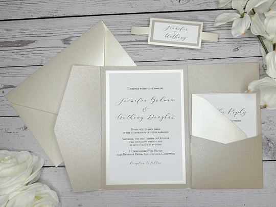 Parker - Premium Wedding Invitation Suite - Beige Sand Shimmer and Champagne Shimmer