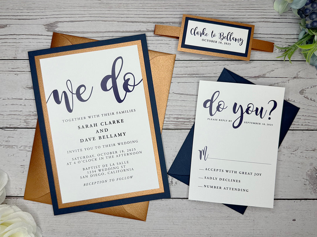 Rosie - Classic Wedding Invitation Suite - Navy Blue Matte and Copper Shimmer