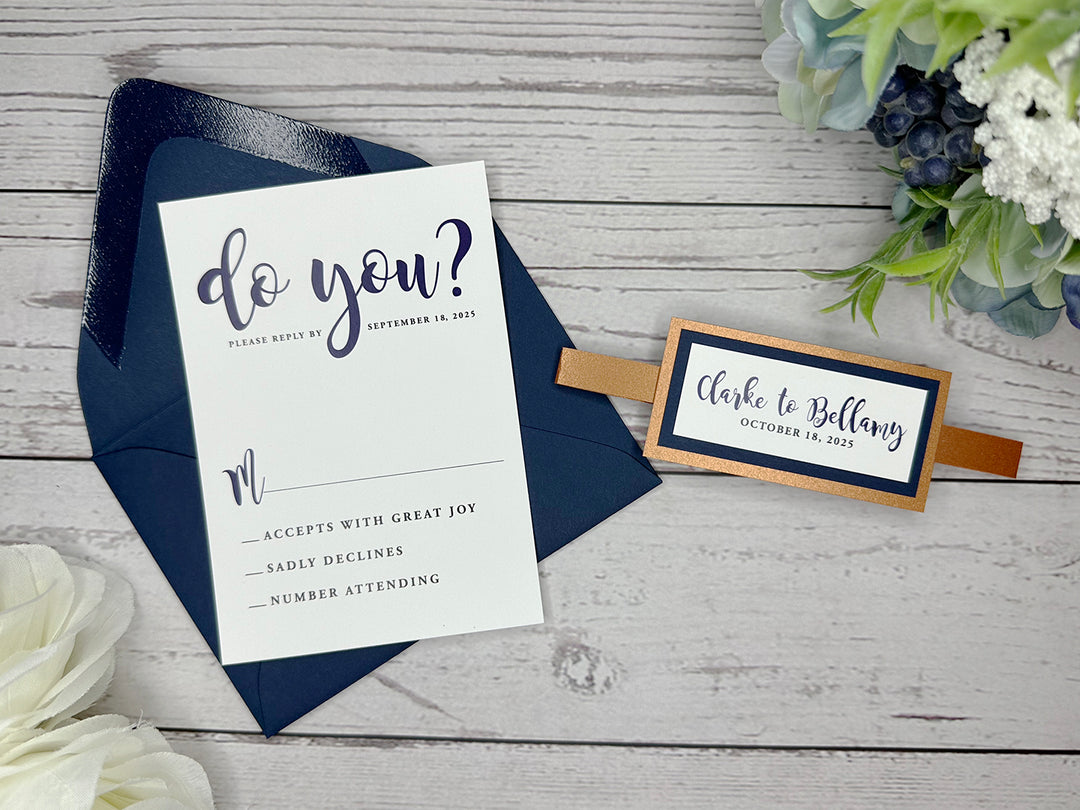 Rosie - Classic Wedding Invitation Suite - Navy Blue Matte and Copper Shimmer