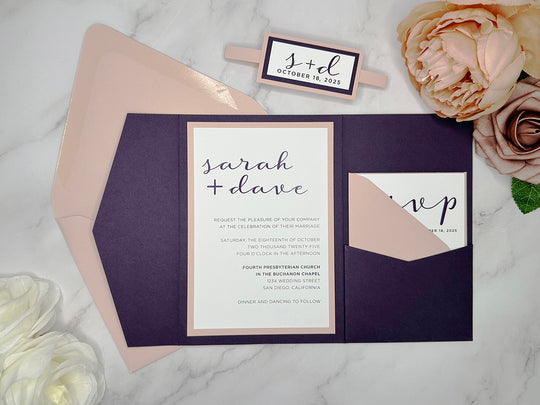 Susie - Premium Wedding Invitation Suite - Eggplant Purple Matte and Light Dusty Pink Matte