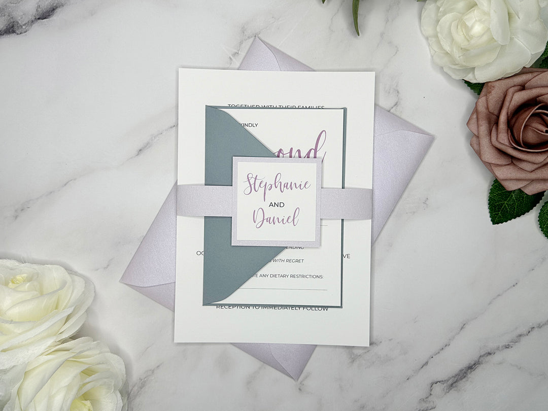 Zoey - Basic Wedding Invitation Suite - Light Lavender Shimmer and Dusty Blue Matte