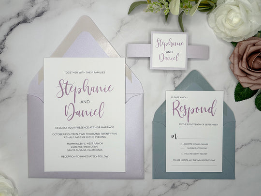 Zoey - Basic Wedding Invitation Suite - Light Lavender Shimmer and Dusty Blue Matte