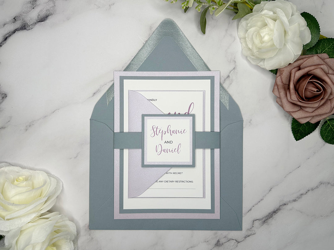 Zoey - Classic Wedding Invitation Suite - Light Lavender Shimmer and Dusty Blue Matte