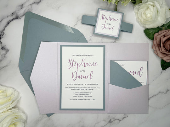 Zoey - Premium Wedding Invitation Suite - Light Lavender Shimmer and Dusty Blue Matte