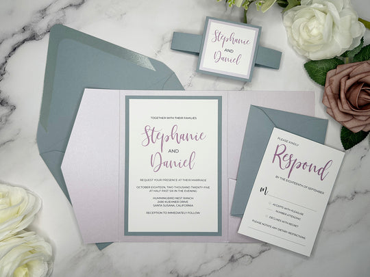 Zoey - Premium Wedding Invitation Suite - Light Lavender Shimmer and Dusty Blue Matte